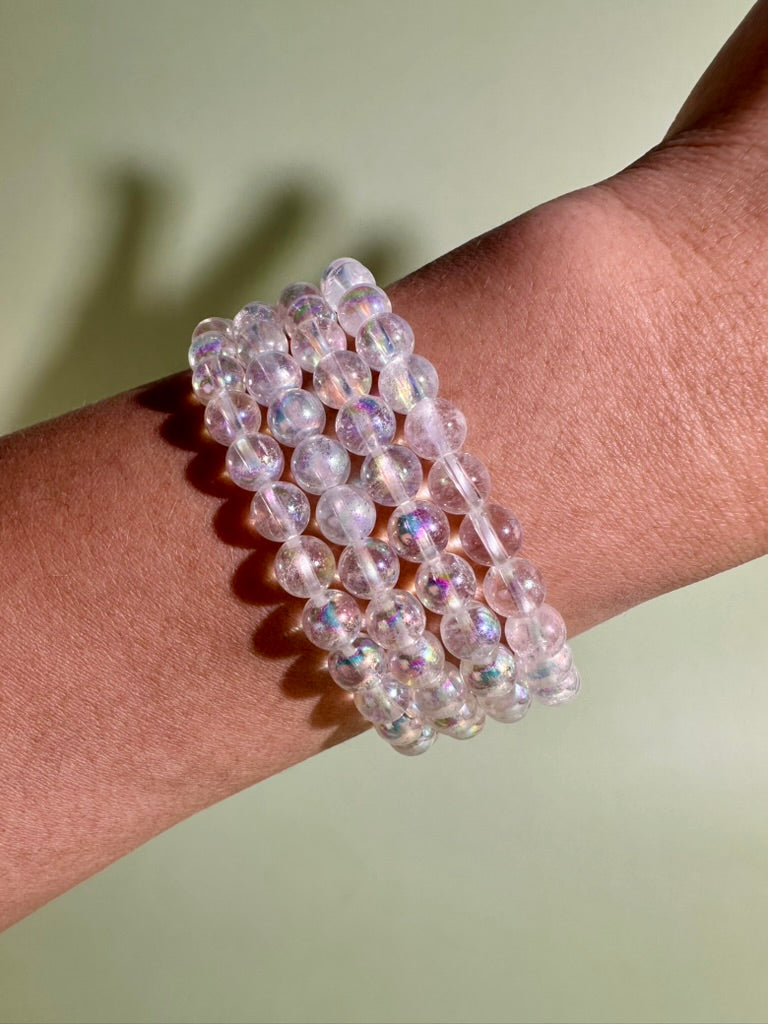 6mm Angel Aura Clear Quartz Beaded Bracelet | Iridescent Crystal Jewelry