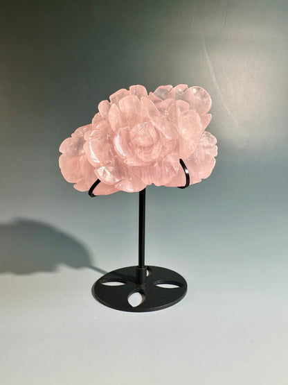 Rose Quartz Flower Carving on Stand