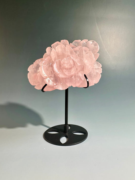 Rose Quartz Flower Carving on Stand