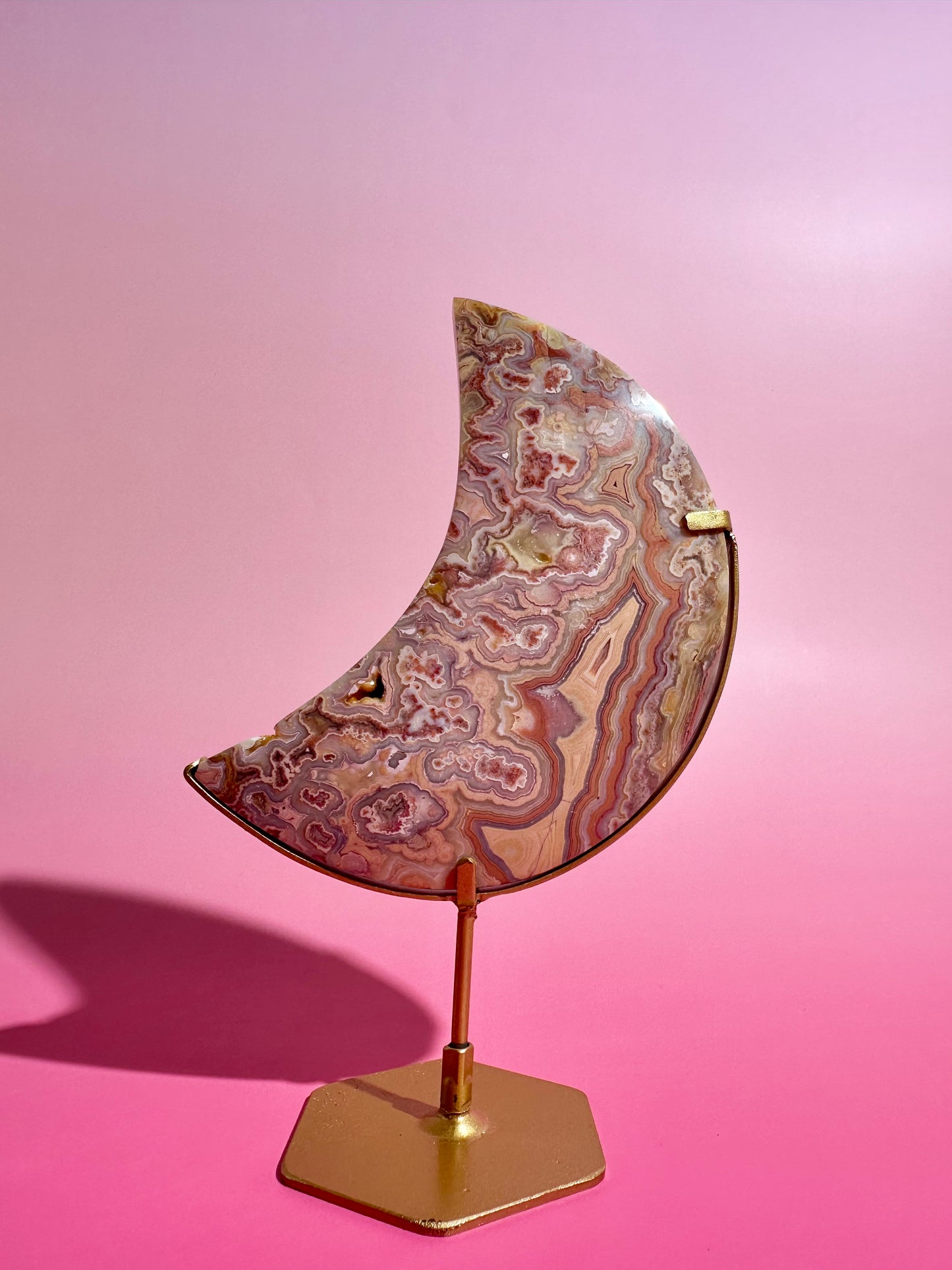 Pink Crazy Lace Agate Crescent Moon Carving – Option A | Joy, Balance & Gentle Energy