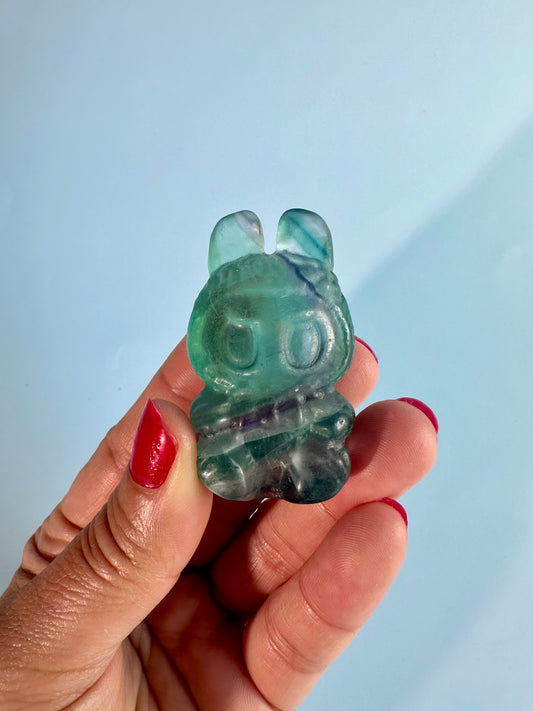 Rainbow Fluorite Sitting Lafufu Kawaii Forest Spirit Figurine Carving - A