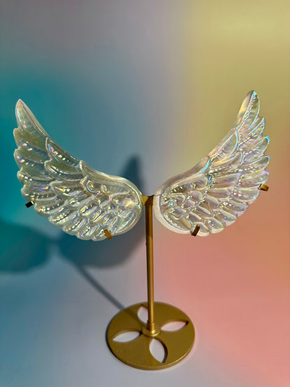 Medium Aura Satin Spar (Selenite) Angel Wing Pair on Gold Stand | Peace & Angelic Energy