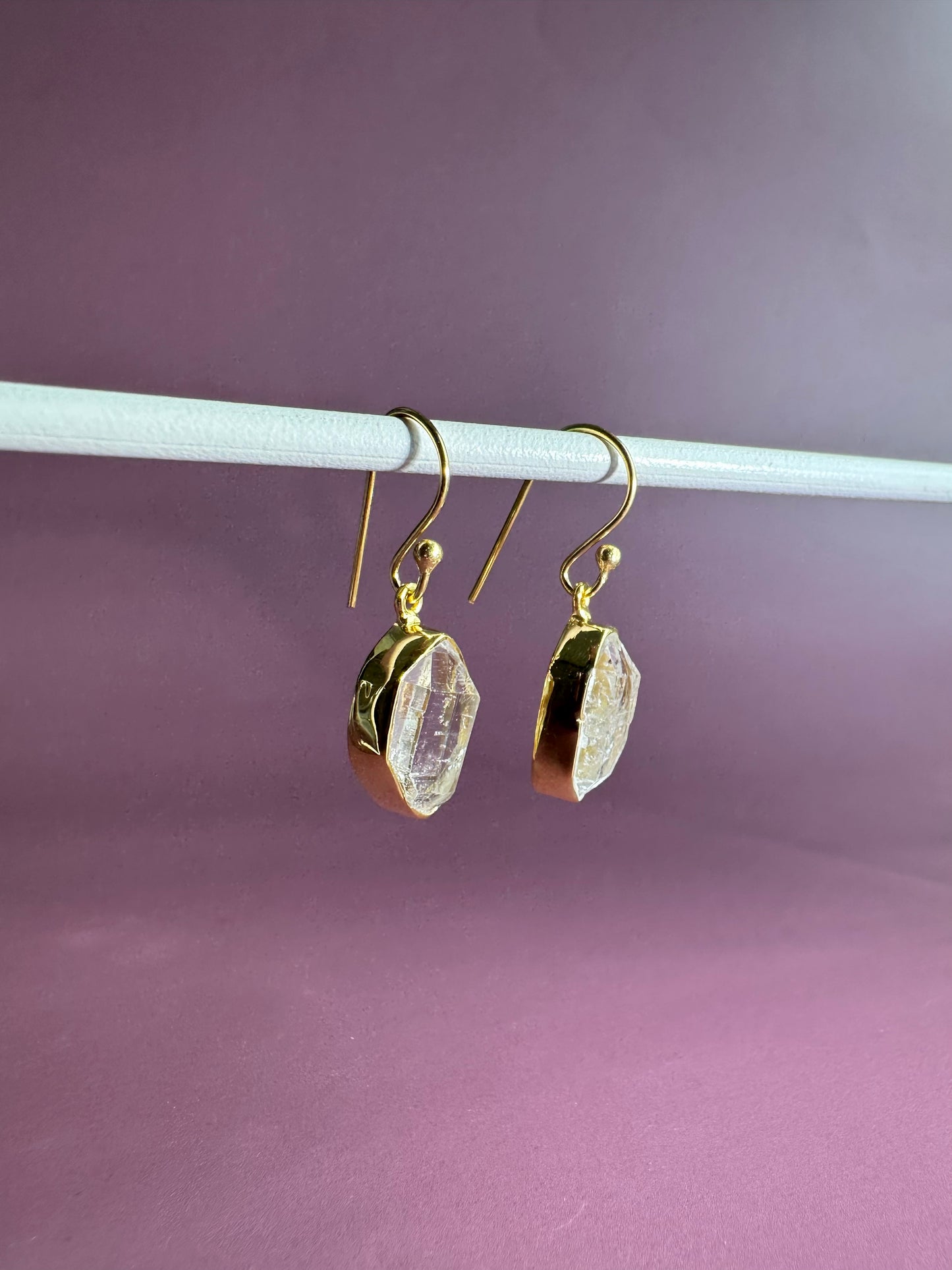 925 Sterling Silver Yellow Gold Vermeil Herkimer Diamond Bezel Dangle Earrings