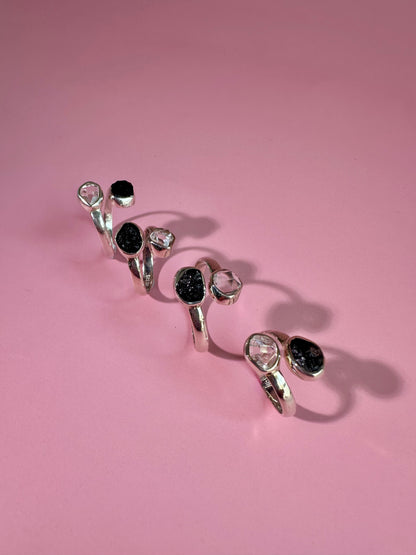 925 Sterling Silver Alma Toi et Moi Two-Stone Adjustable Rough Black Tourmaline & Herkimer Diamond Bezel Ring