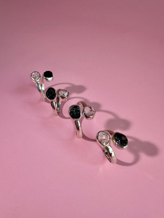 925 Sterling Silver Alma Toi et Moi Two-Stone Adjustable Rough Black Tourmaline & Herkimer Diamond Bezel Ring