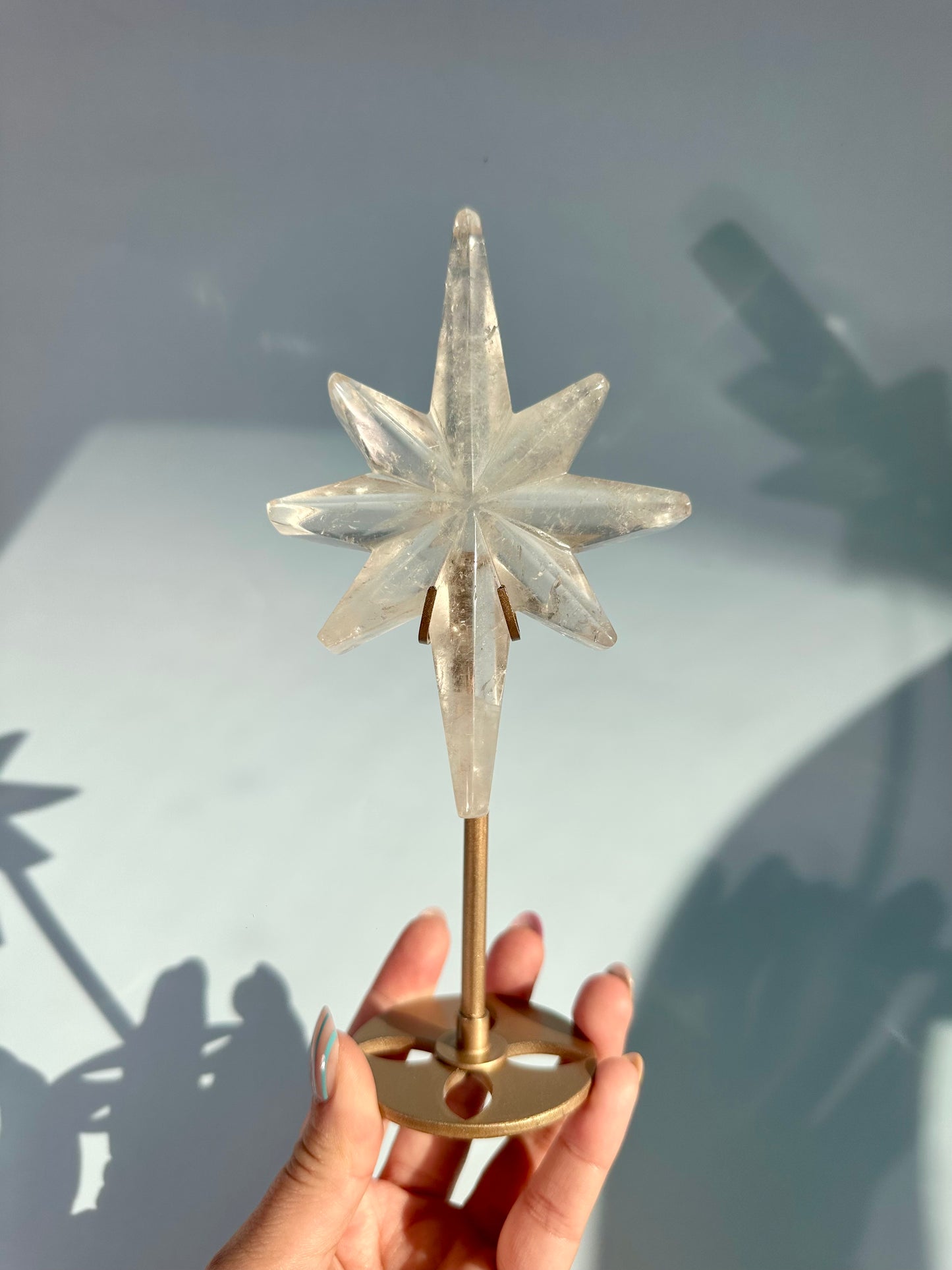 Clear Quartz Polaris Star on Gold Stand – Option B | Master Healer, Light & Collector Crystal