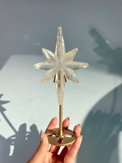 Clear Quartz Polaris Star on Gold Stand – Option B | Master Healer, Light & Collector Crystal