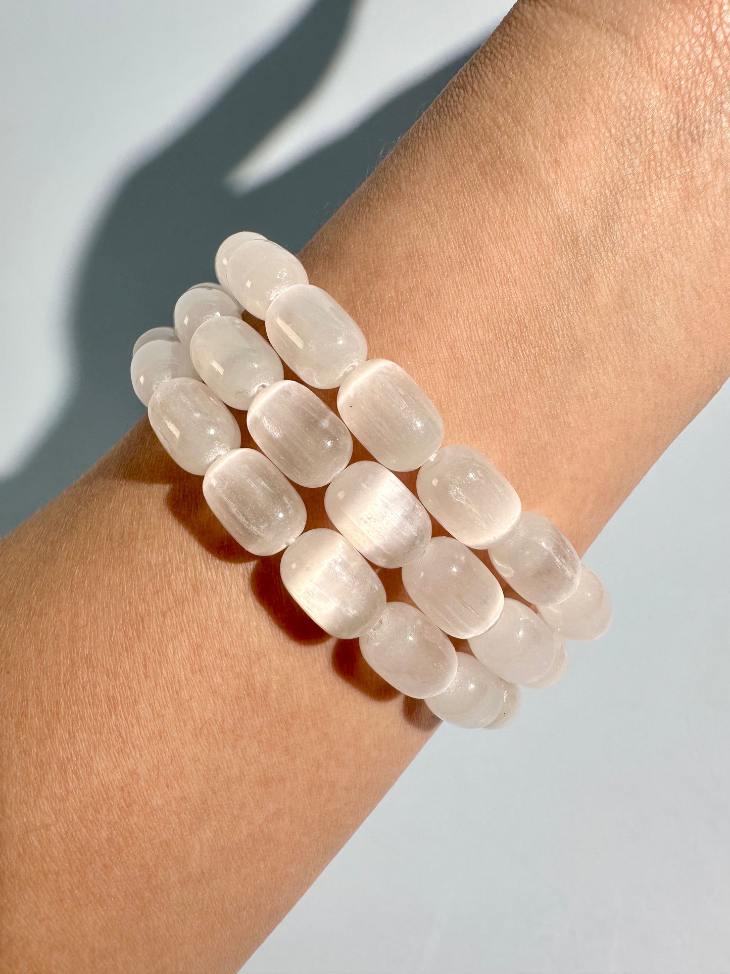 Barrel Satin Spar (Selenite) Beaded Bracelet | Cleansing & Peace Energy