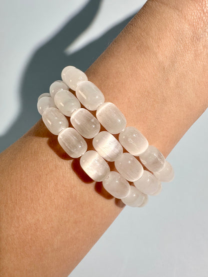 Barrel Satin Spar (Selenite) Beaded Bracelet | Cleansing & Peace Energy