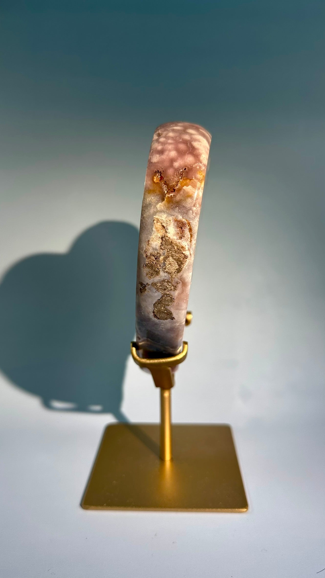 Pink Amethyst Heart on Gold Stand – Option A