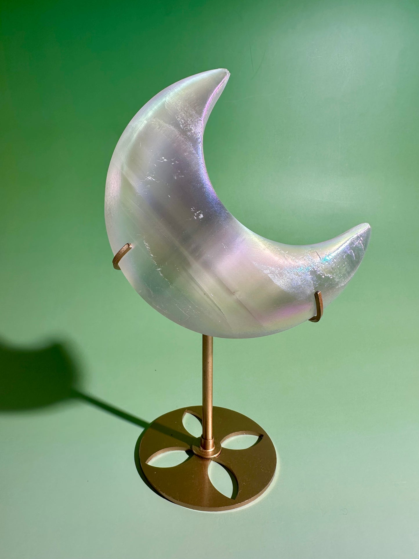 Perfectly Imperfect Aura Satin Spar (Selenite) Crescent Moon on Gold Stand Misfit | Peace & Lunar Energy