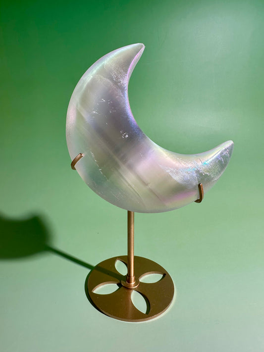 Perfectly Imperfect Aura Satin Spar (Selenite) Crescent Moon on Gold Stand Misfit | Peace & Lunar Energy