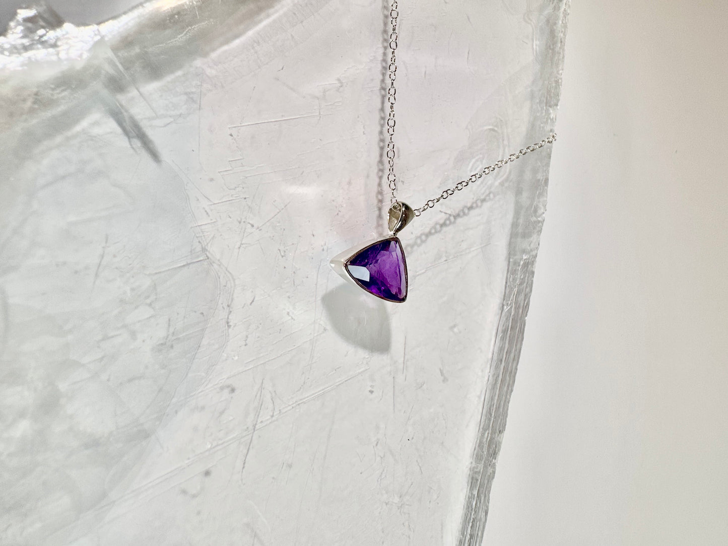 925 Sterling Silver Faceted Trillion (Triangle) Amethyst Bezel Necklace