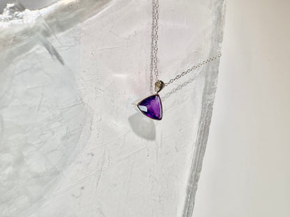 925 Sterling Silver Faceted Trillion (Triangle) Amethyst Bezel Necklace