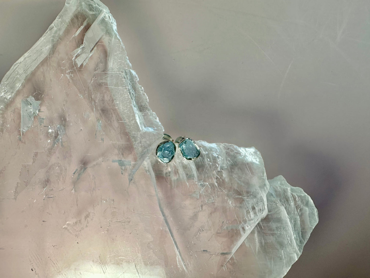 925 Sterling Silver Rough Aquamarine Bezel Stud Earrings