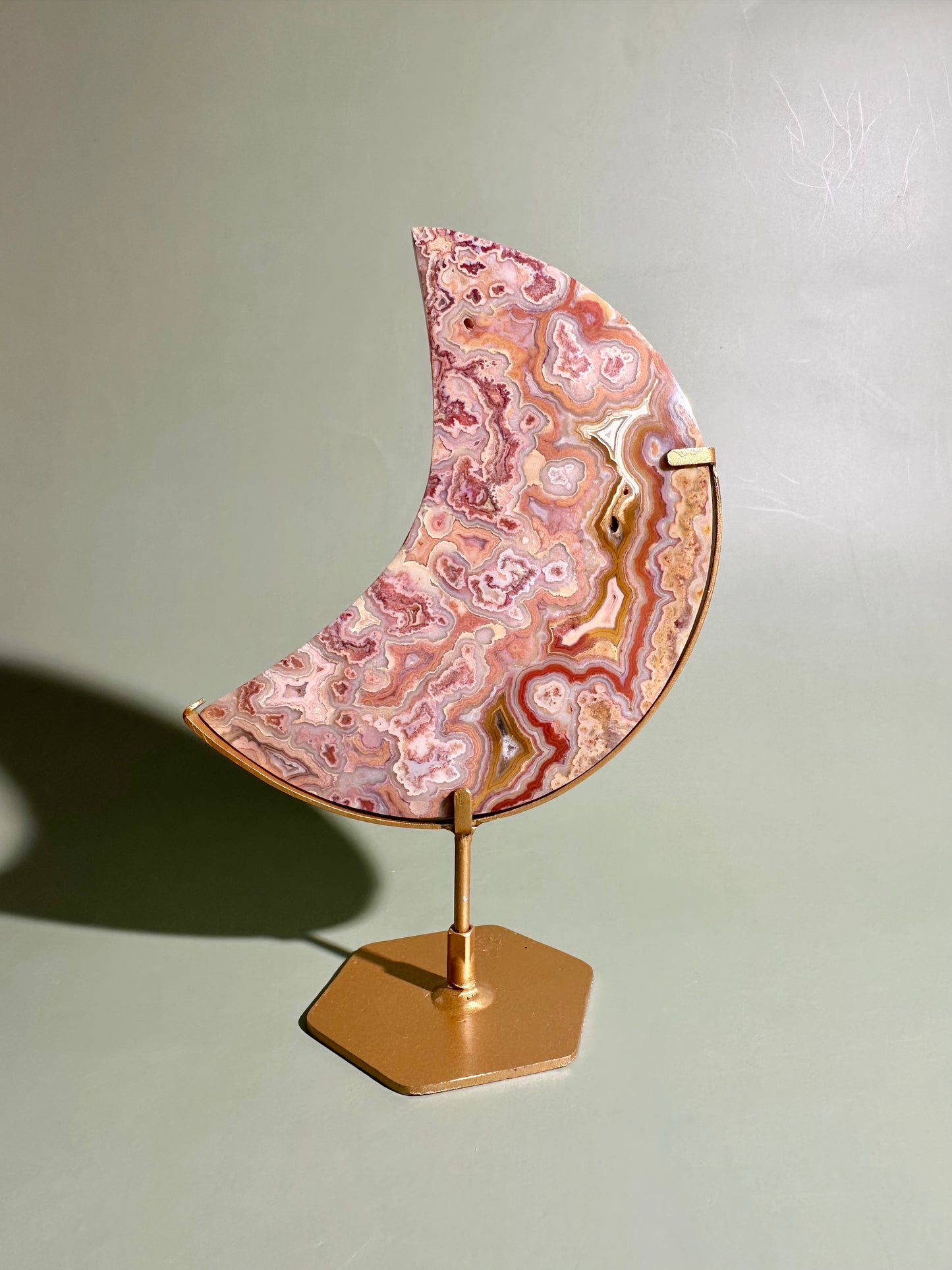 Pink Crazy Lace Agate Crescent Moon Carving – Option D | Joy, Emotional Balance & Lunar Energy