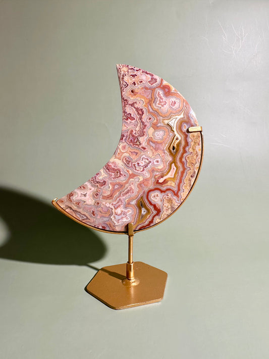 Pink Crazy Lace Agate Crescent Moon Carving – Option D | Joy, Emotional Balance & Lunar Energy