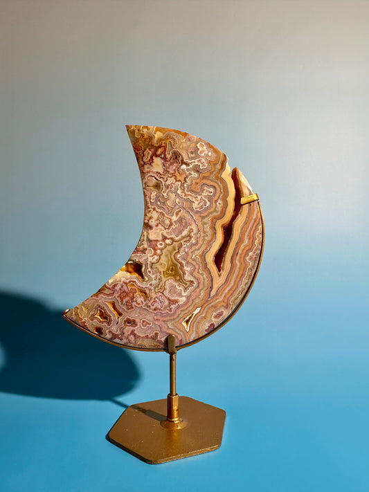 Pink Crazy Lace Agate Crescent Moon Carving – Option C | Harmony, Growth & Joyful Energy