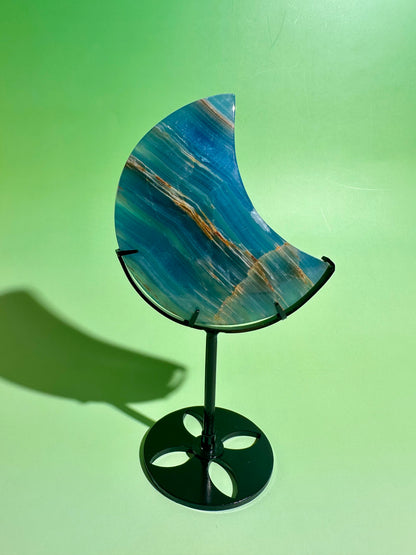 Blue Onyx Crescent Moon on Black Stand – Option A | Calm, Strength & Intuition Energy