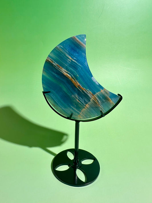 Blue Onyx Crescent Moon on Black Stand – Option A | Calm, Strength & Intuition Energy