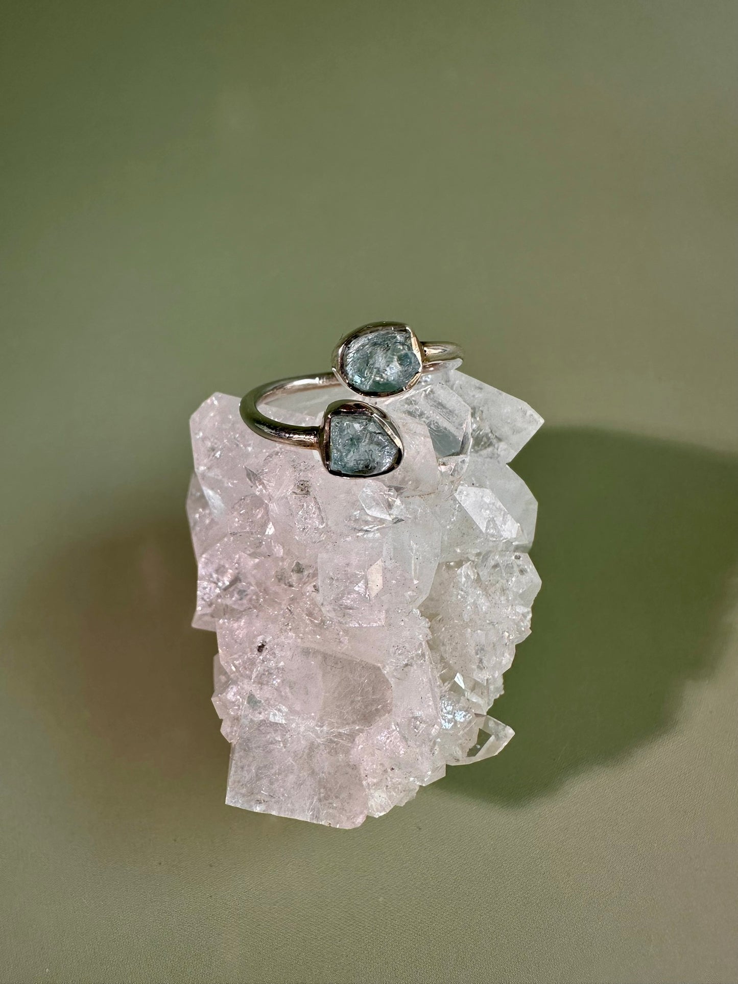 925 Sterling Silver Rough Aquamarine Bezel Two-Stone Adjustable Ring
