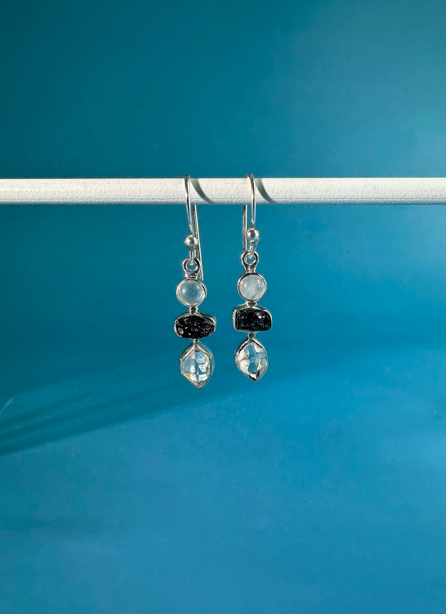 925 Sterling Silver Rainbow Moonstone, Black Tourmaline, Herkimer Diamond Dangle Earrings