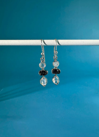925 Sterling Silver Rainbow Moonstone, Black Tourmaline, Herkimer Diamond Dangle Earrings