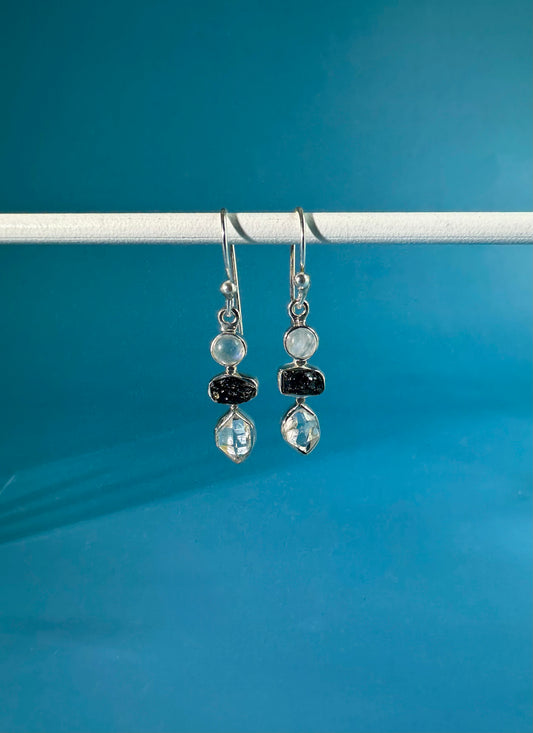 925 Sterling Silver Rainbow Moonstone, Black Tourmaline, Herkimer Diamond Dangle Earrings