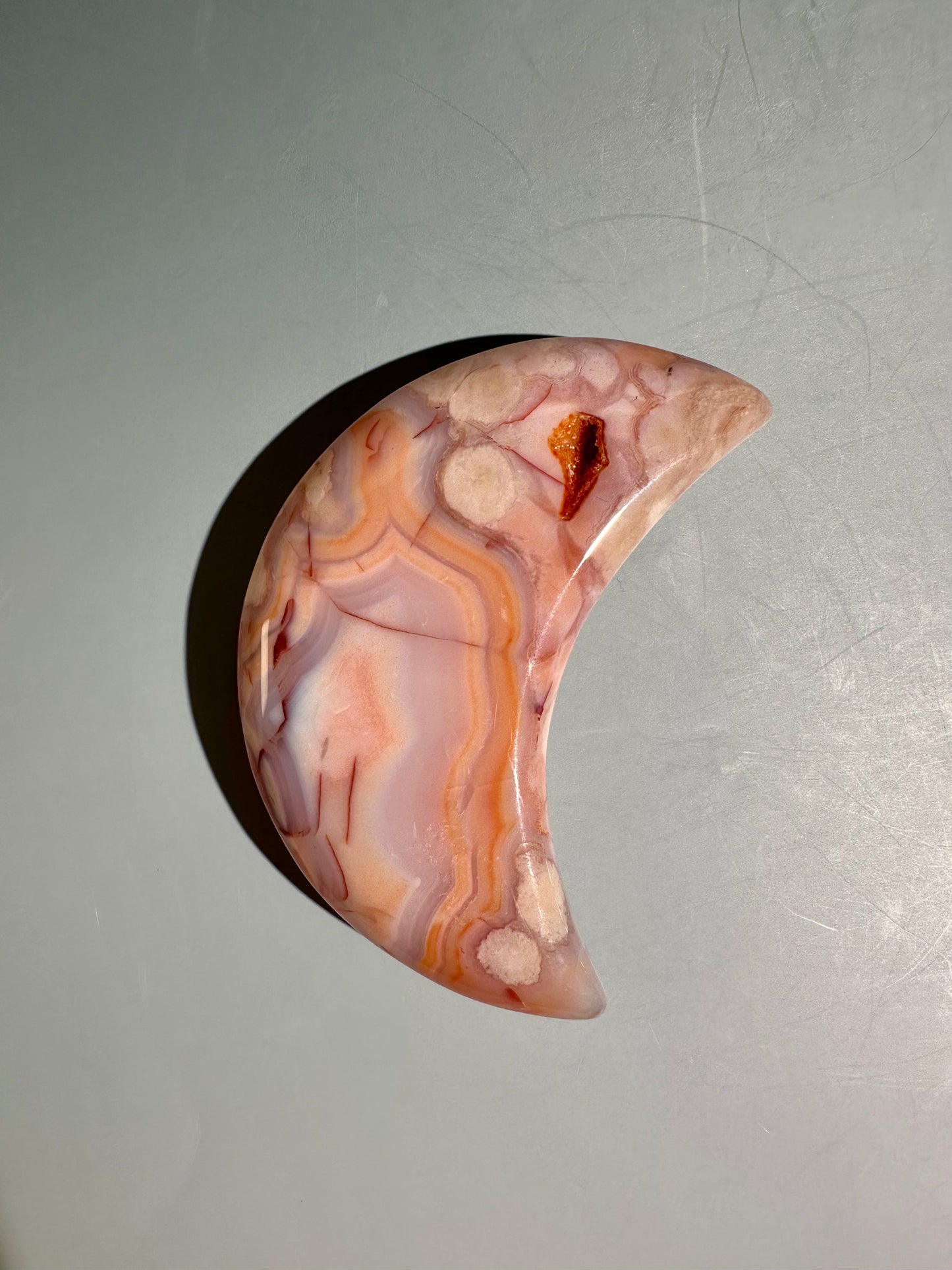 Carnelian Agate Crescent Moon on Black Stand – Option F | Passion, Optimism & Creativity Energy