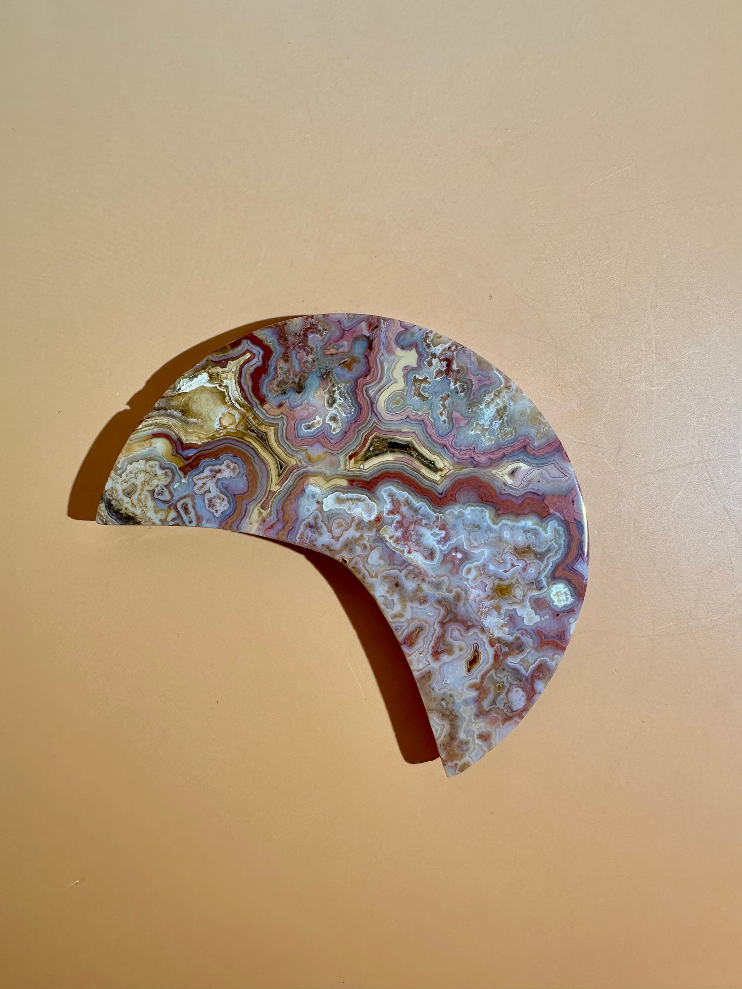 Pink Crazy Lace Agate Crescent Moon Carving – Option B | Positivity & Heart Healing Energy