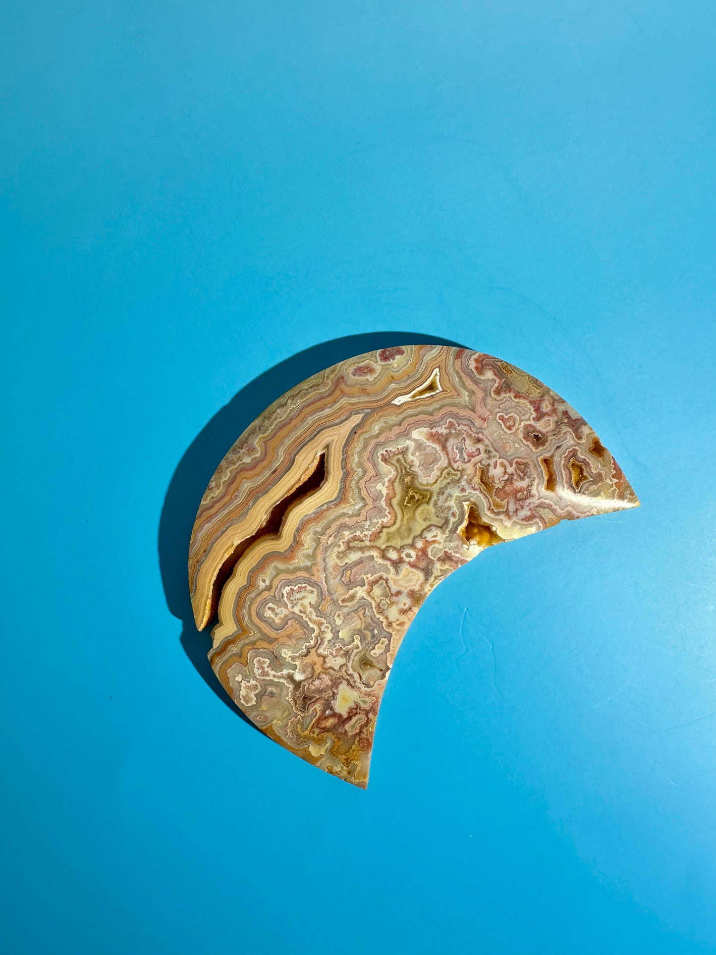 Pink Crazy Lace Agate Crescent Moon Carving – Option C | Harmony, Growth & Joyful Energy