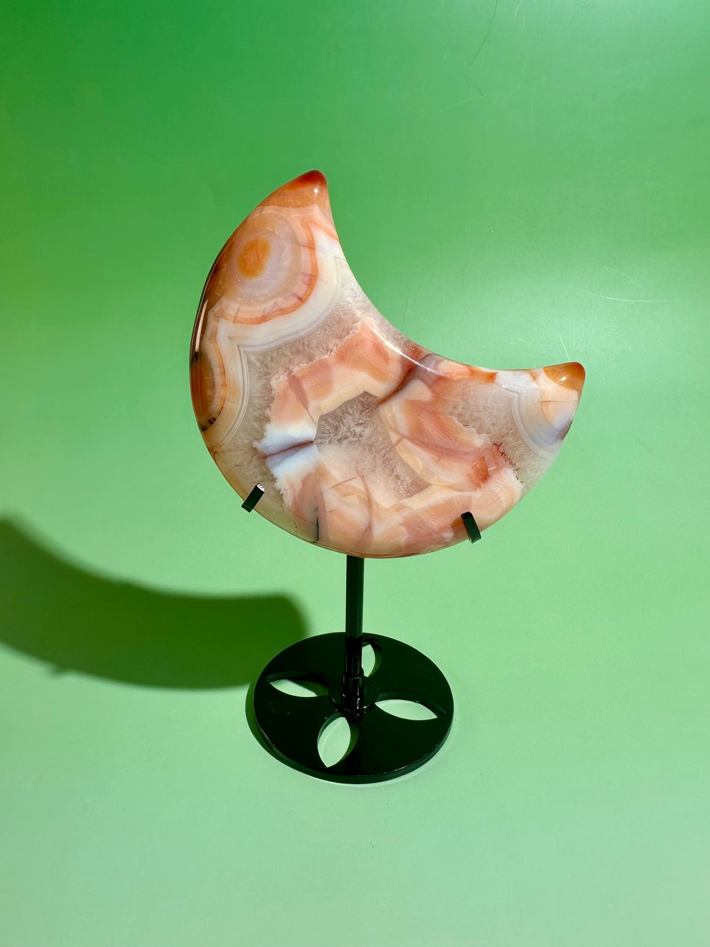Carnelian Agate Crescent Moon on Black Stand – Option G | Collector Statement Crystal, Courage & Transformation