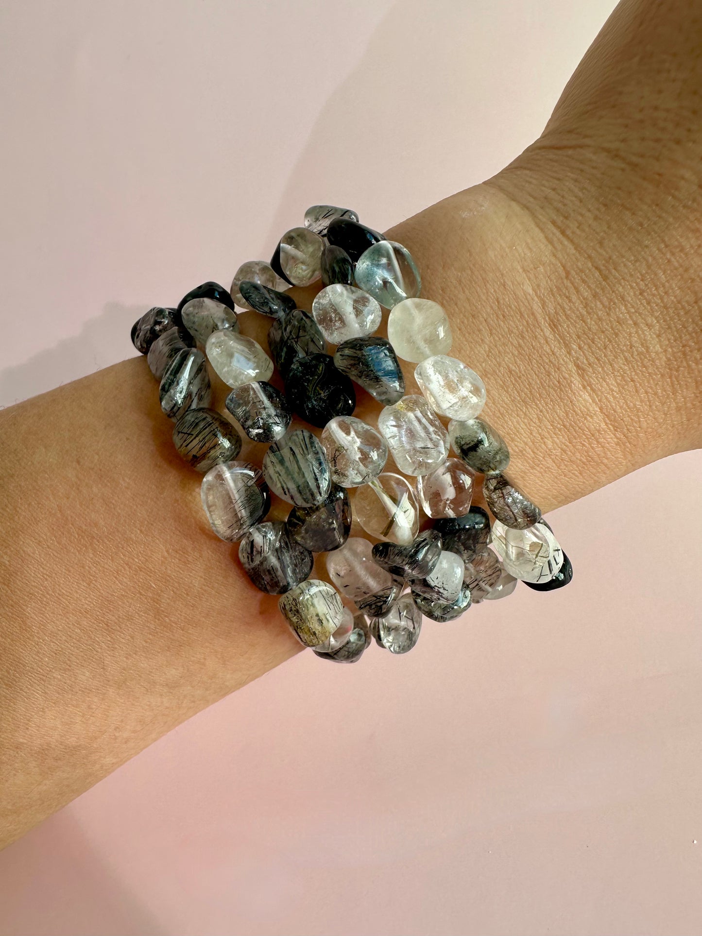 8mm Black Rutile Quartz (Black Tourmaline in Quartz) Polished Tumbled Bracelet