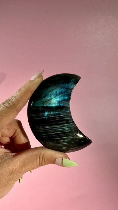 Large Blue Flash Labradorite Crescent Moon – Option E