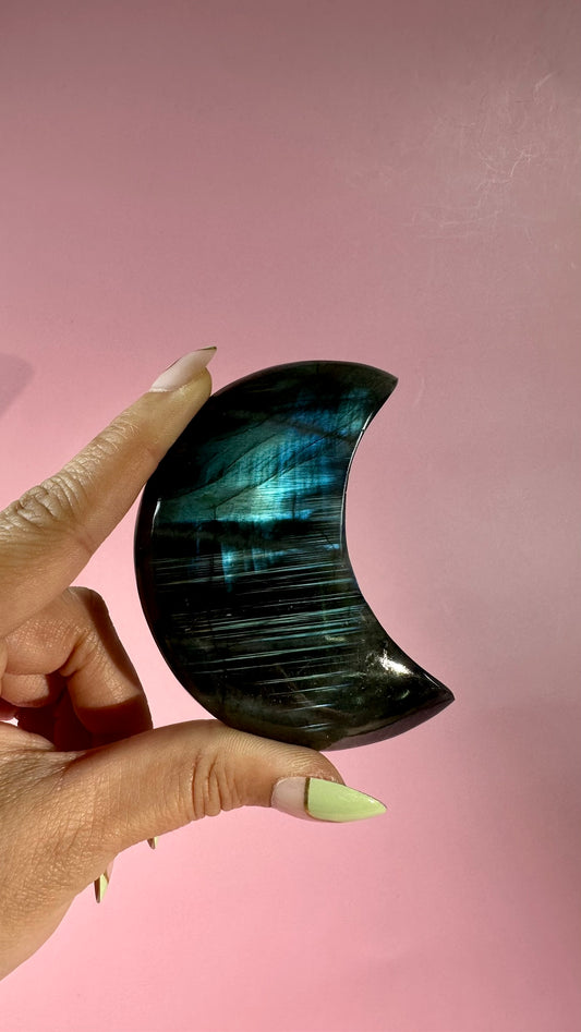 Large Blue Flash Labradorite Crescent Moon – Option E