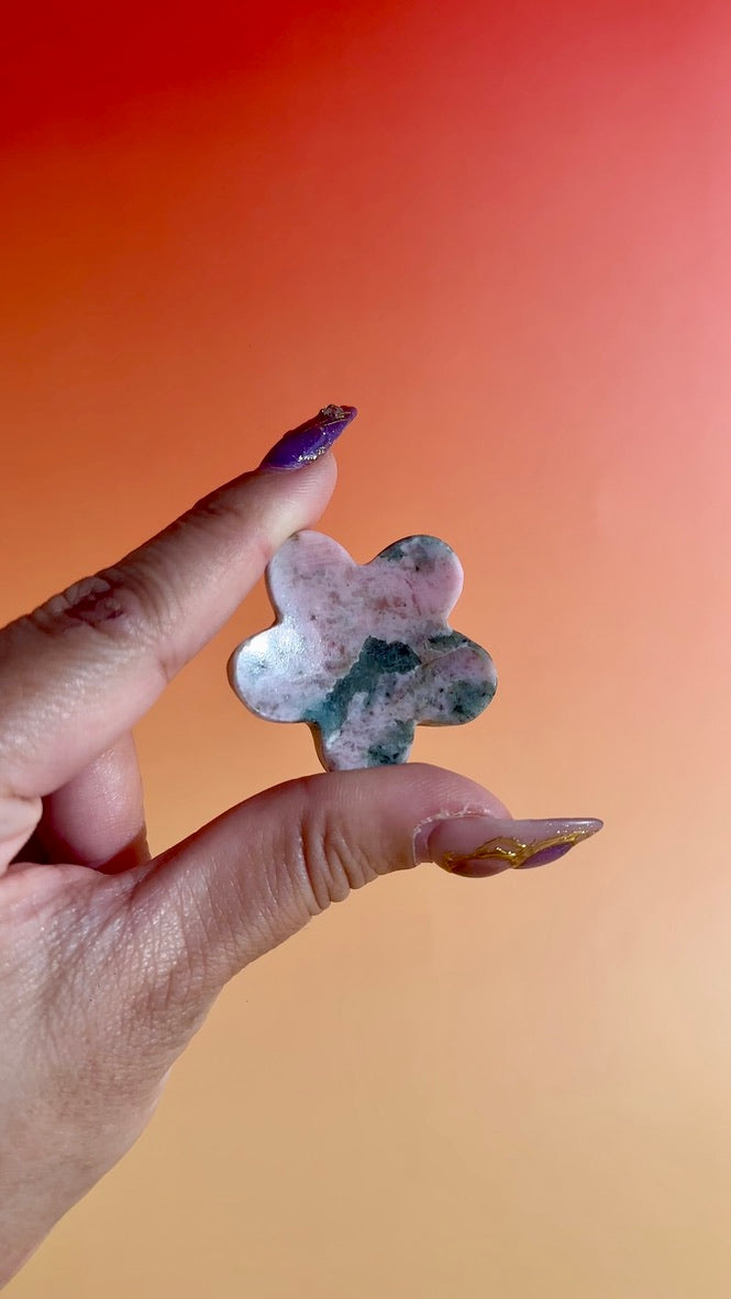 Thulite & Epidote Flower Worry Stone | Pink Green Crystal