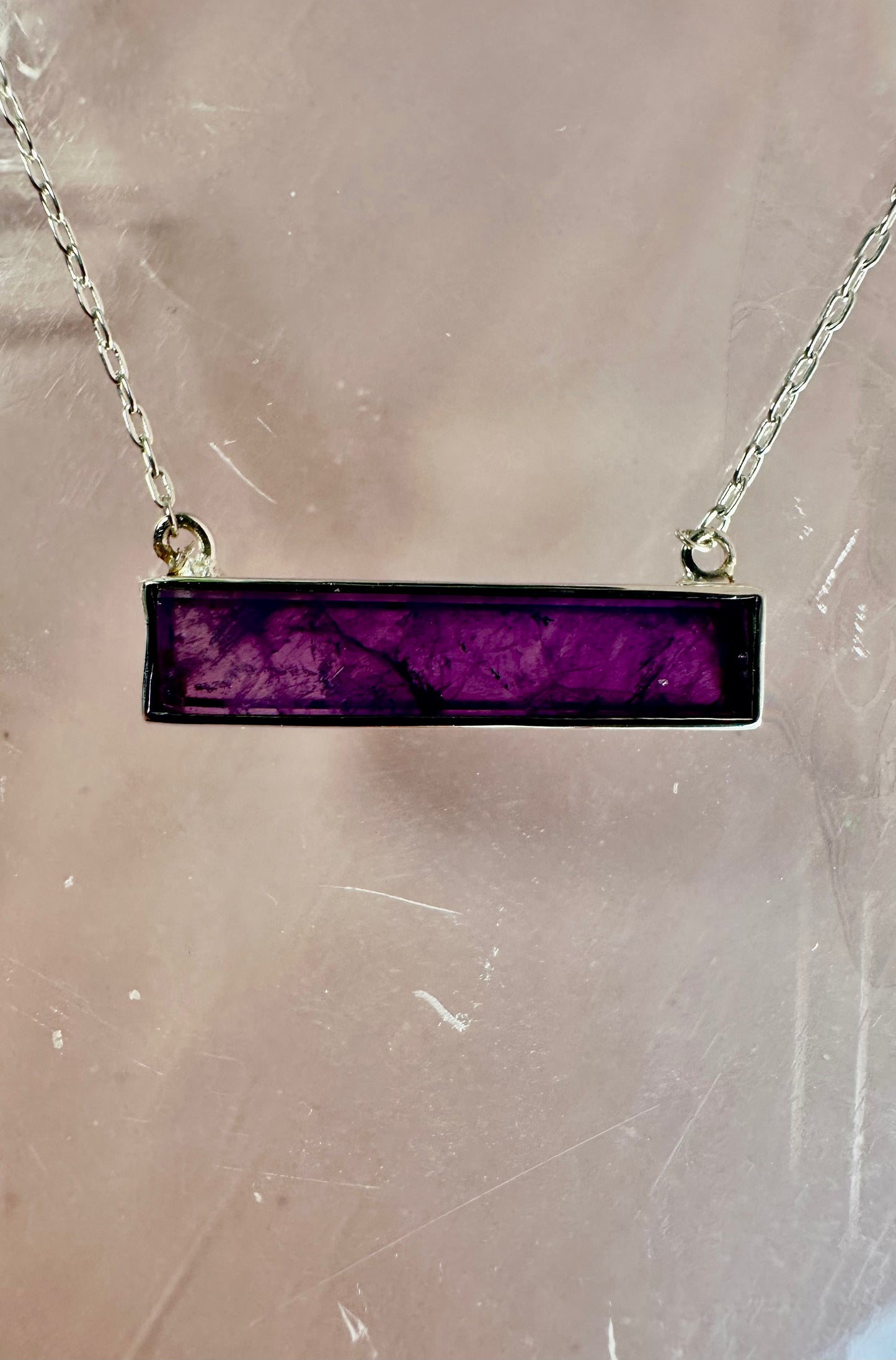 925 Sterling Silver Amethyst Bar Bezel Necklace