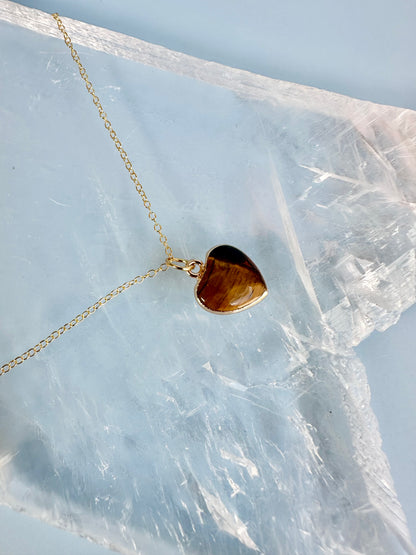 Brass Base with 18K Gold Tone Electroplated Finish Tiger’s Eye Heart Necklace