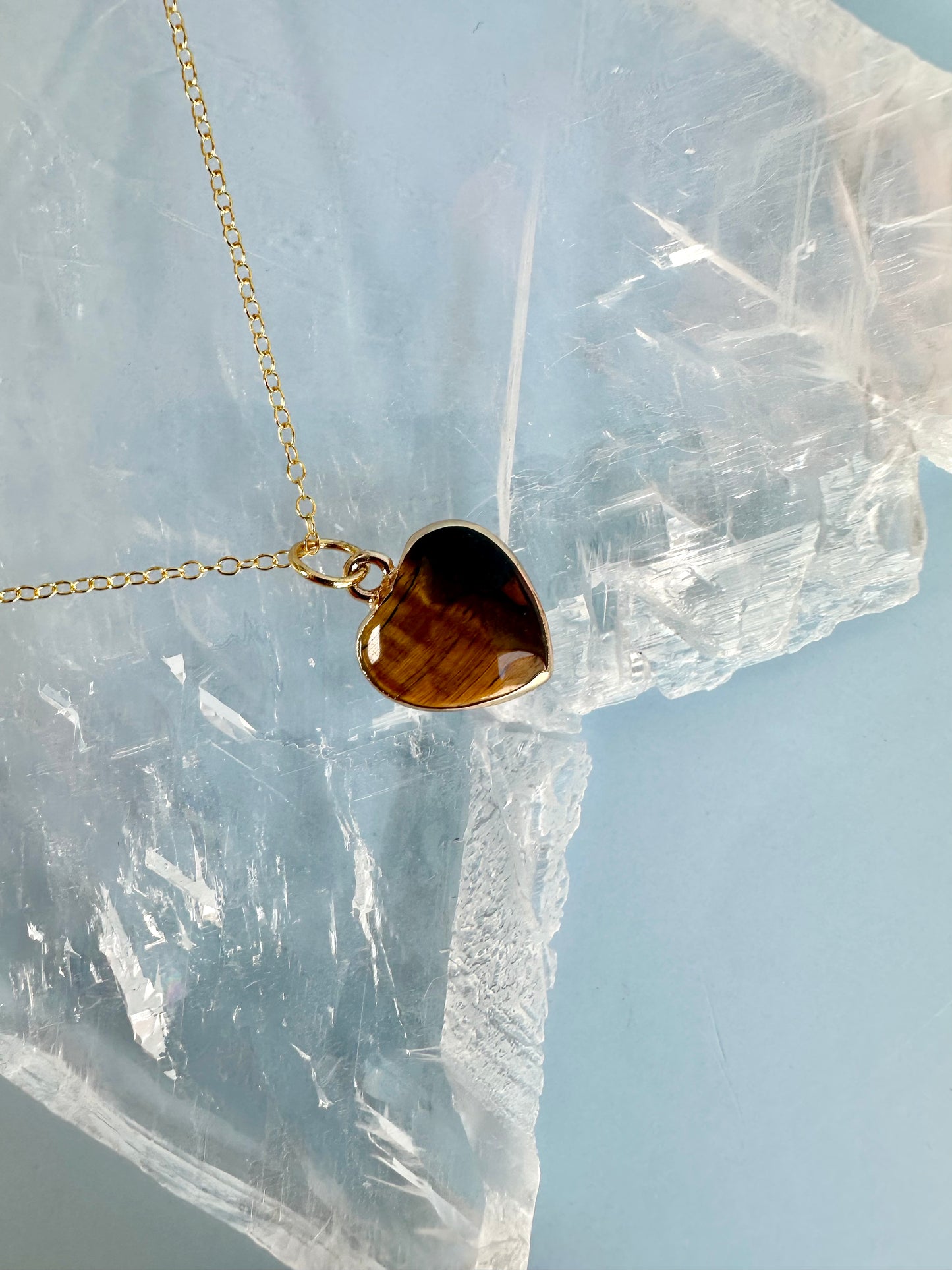 Brass Base with 18K Gold Tone Electroplated Finish Tiger’s Eye Heart Necklace