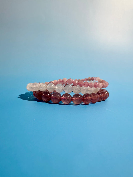 Bracelet Bundle Set: “Sunkissed Blush" - Strawberry Quartz, Rose Quartz, Moonstone
