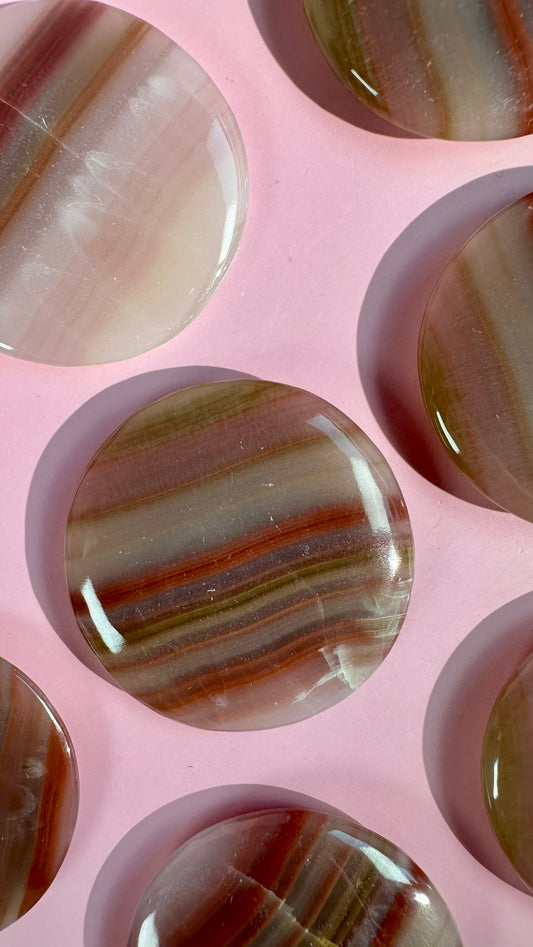 Pink Banded Calcite Round Flat Palm