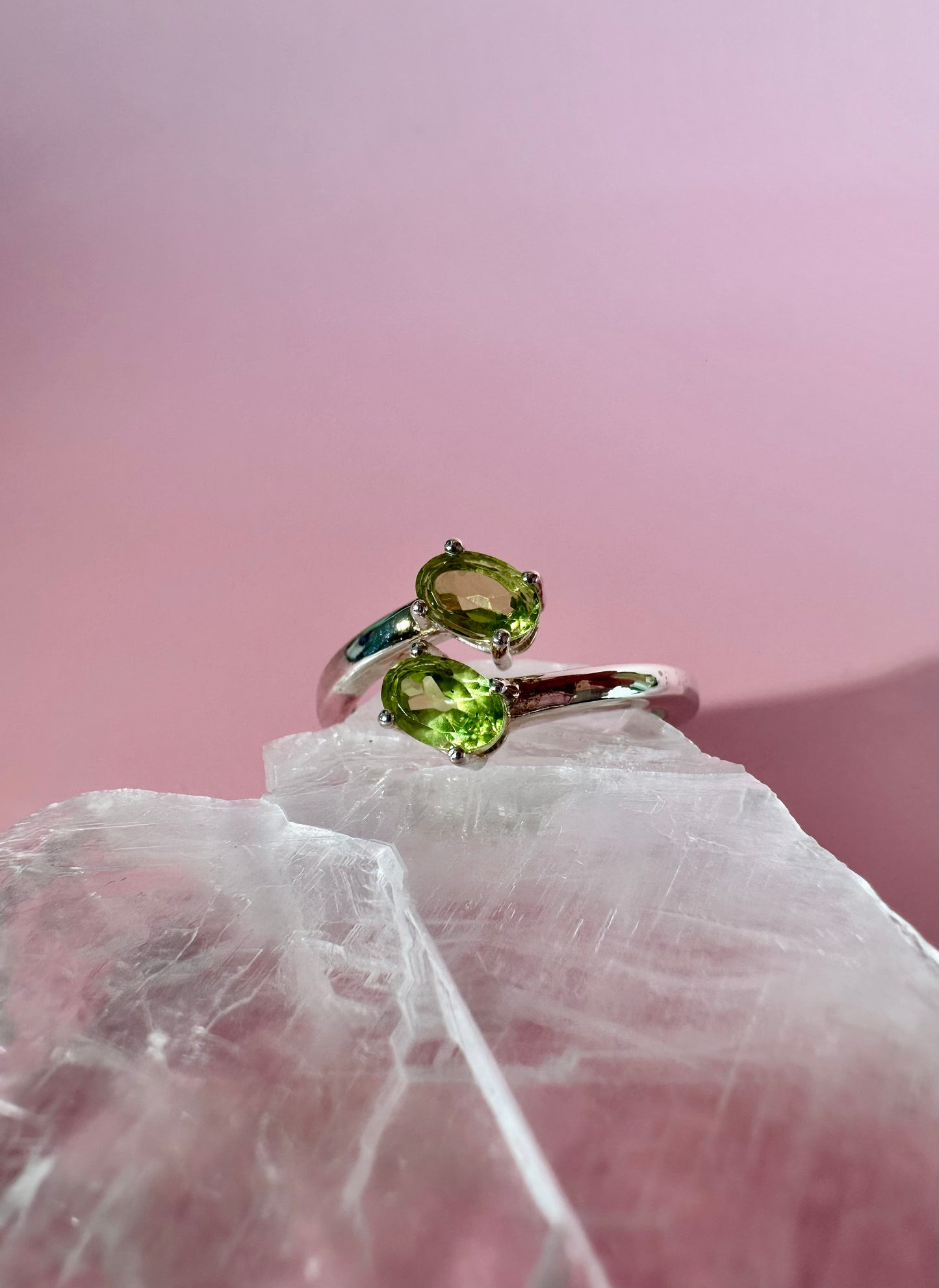 925 Sterling Silver Alma Toi et Moi Two-Stone Adjustable Faceted Peridot Prong Ring