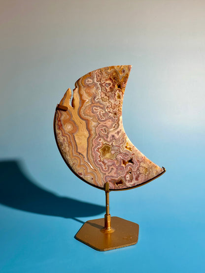 Pink Crazy Lace Agate Crescent Moon Carving – Option C | Harmony, Growth & Joyful Energy