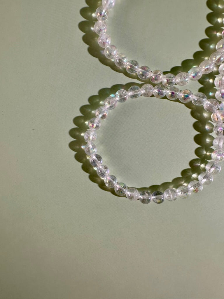 6mm Angel Aura Clear Quartz Beaded Bracelet | Iridescent Crystal Jewelry
