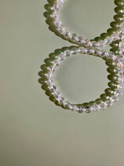 6mm Angel Aura Clear Quartz Beaded Bracelet | Iridescent Crystal Jewelry