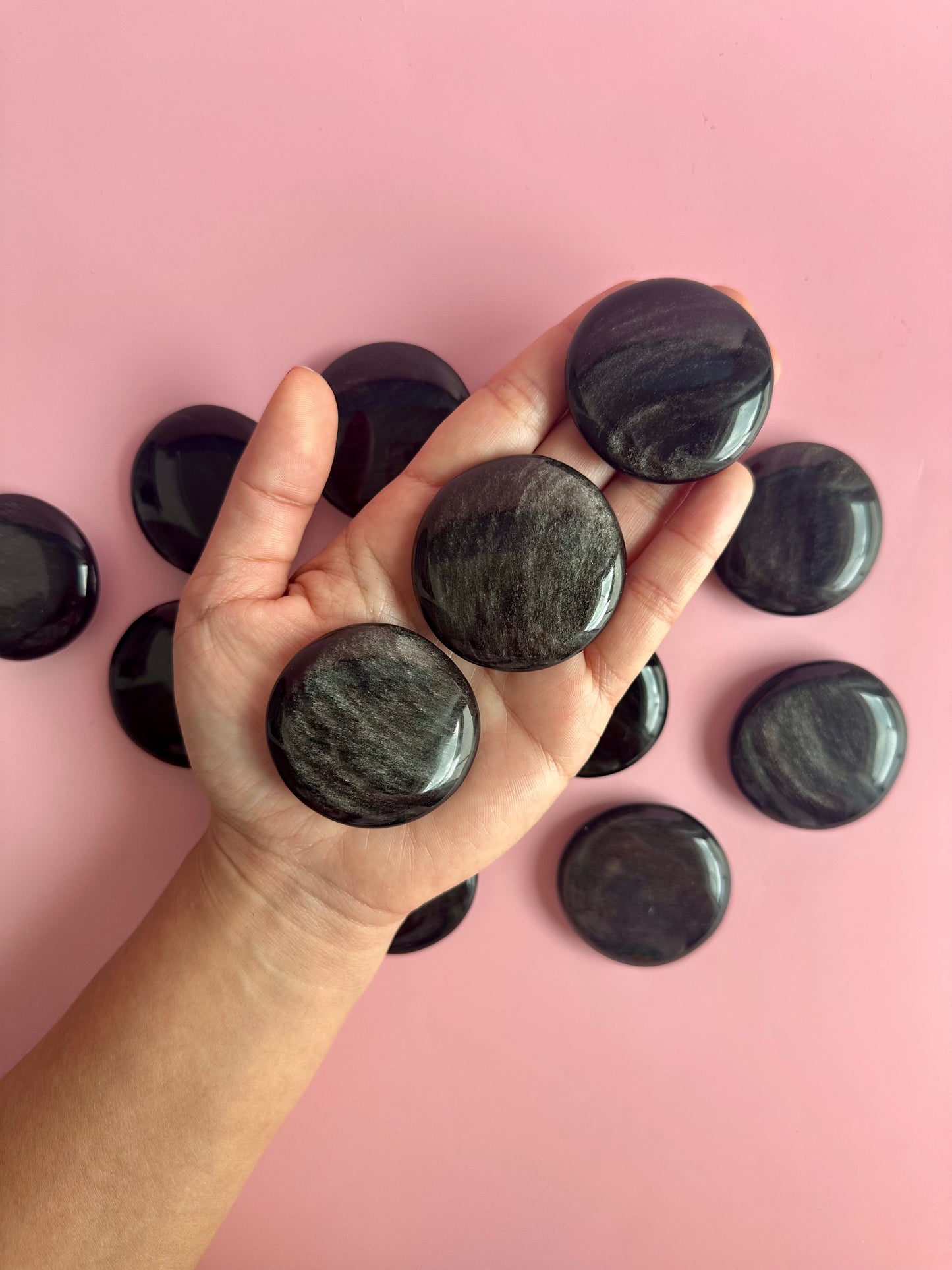 Silver Sheen Obsidian Flat Palm