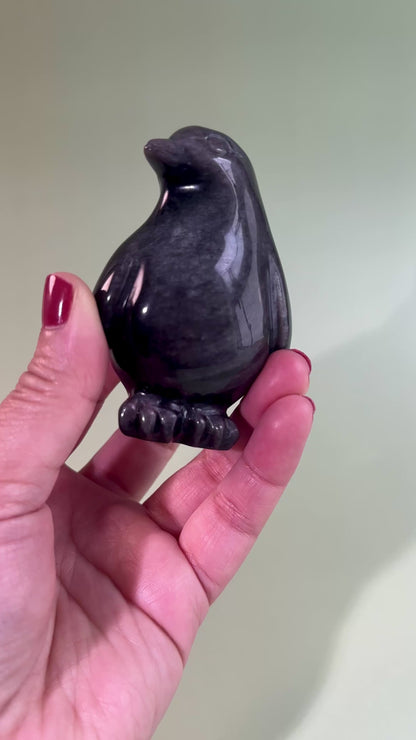 Silver Sheen Obsidian Penguin Carving