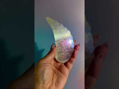 Medium Aura Satin Spar (Selenite) Angel Wing Pair on Gold Stand | Peace & Angelic Energy