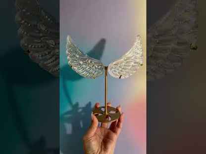 Medium Aura Satin Spar (Selenite) Angel Wing Pair on Gold Stand | Peace & Angelic Energy