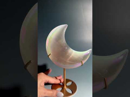 Aura Satin Spar (Selenite) Crescent Moon on Gold Stand | Peace, Lunar Energy & Spiritual Cleansing